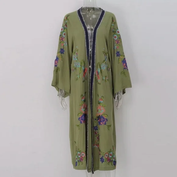 SOLD OUT Olive Floral Embroidered Cover Up Duster Kimono - Picture 4 of 10